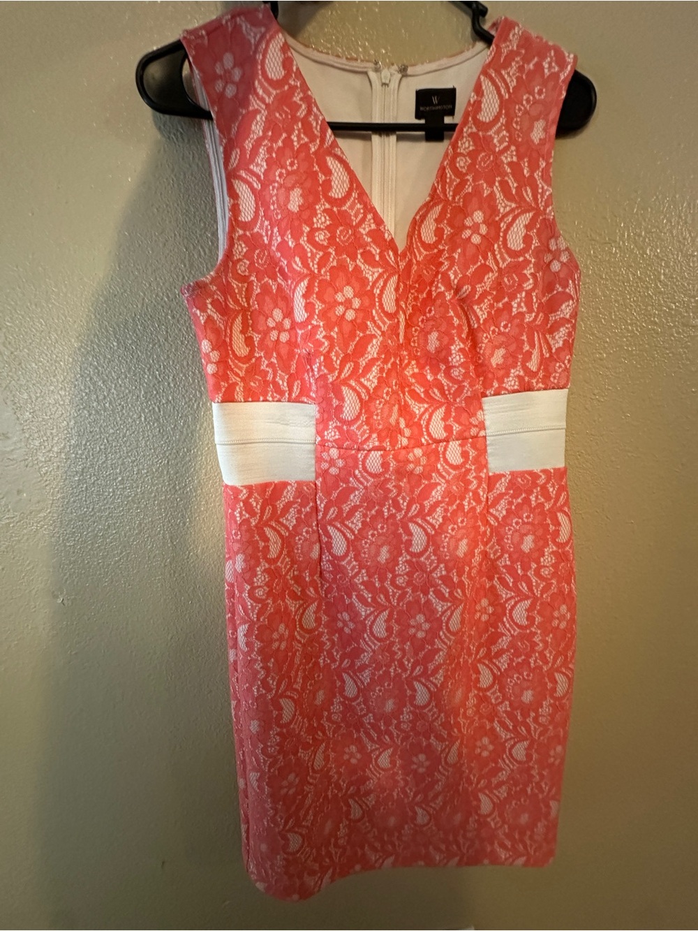 Worthington Coral Lace Sheath Dress with White Waist Panels